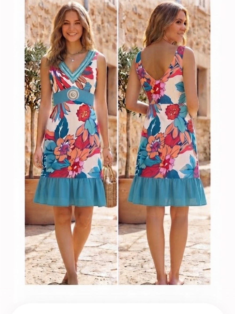 🔴 Floral V-Neck Sleeveless Sundress in Turquoise